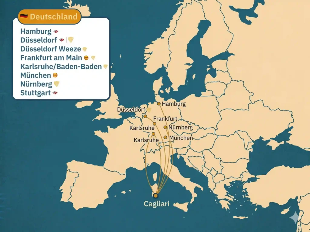 Karte der Direktflüge von Deutschland nach Cagliari für Gäste der Ferienhäuser Suestellas in Teulada, Süd-Sardinien
